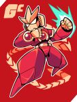  1boy armor clenched_hands commentary_request full_body gravity_circuit helmet highres ini_(inunabe00) kai_(gravity_circuit) male_focus outline red_armor red_background solo tagme white_outline 