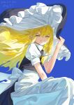  1girl absurdres apron artist_name back_bow black_hat black_skirt black_vest blonde_hair bow braid commentary dated grin hair_bow hand_on_headwear hat hat_bow highres kirisame_marisa long_hair looking_at_viewer side_braid single_braid skirt smile solo touhou vest waist_apron white_apron white_bow witch_hat wu_yue_(vuples) yellow_eyes 