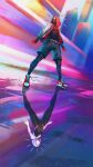  1boy 1girl bodysuit commentary dinhosaur full_body highres hood hooded_bodysuit hooded_jacket jacket marvel mask reflection shoes shorts sneakers spider-gwen spider-man spider-man_(series) spider-verse superhero_costume 