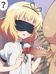  1boy 1girl ? bangs blindfold blonde_hair blunt_bangs breasts clothed_female_nude_male fat fat_man flat_chest gochuumon_wa_usagi_desu_ka? grey_necktie handjob hemonemo hetero kirima_syaro necktie nude open_mouth penis plant school_uniform shirt short_hair short_sleeves small_breasts solo_focus spoken_question_mark sweat sweatdrop tedeza_rize&#039;s_school_uniform wavy_hair white_shirt 