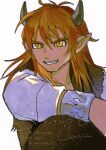  1boy beard_stubble blue_shirt brown_hair commentary_request demon_boy demon_horns dragon_quest dragon_quest_x facial_hair fur_vest grin hair_between_eyes highres horns long_hair male_focus mouyi pointy_ears sample_watermark shirt signature slit_pupils smile solo stubble teeth watermark white_background yellow_eyes yushuka_(dragon_quest) 