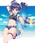  1girl :d aikatsu! aikatsu!_(series) arm_up beach bikini blue_bikini blue_eyes blue_hair blue_hat blue_necktie blue_shorts blue_sky cloud commentary_request day hat holding holding_water_gun innertube kiriya_aoi long_hair looking_at_viewer navel necktie ocean onbin_ha open_mouth outdoors sandals scrunchie short_shorts shorts side_ponytail sky smile solo standing standing_on_one_leg swim_ring swimsuit thigh_strap water water_gun 
