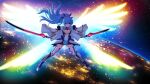  1girl arch_kalmia armor armored_boots blue_eyes blue_hair boots breasts cleavage closed_mouth dual_wielding earth_(planet) energy_wings full_body fuyunagi_tsubasa game_asset gloves glowing hair_ornament holding holding_sword holding_weapon long_hair looking_at_viewer magical_girl mecha_musume medium_breasts non-web_source official_art planet ponytail satou_takumi self-datamine shinsou_kenki_arch_saver solo space star_(sky) sword thigh_boots thighhighs visual_novel_cg weapon wings zettai_ryouiki 