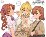  3girls alternate_costume alternate_eye_color bag black_bag black_choker blonde_hair blowing_bubble_gum bow breasts bright_pupils brown_eyes brown_hair brown_jacket brown_necktie brown_sweater candy cellphone chest_bow chewing_gum choker cleavage clothes_around_waist commentary don_quijote_(store) earrings english_commentary english_text flip_phone food food_in_mouth gekota gyaru hair_between_eyes hair_ornament hair_scrunchie half-closed_eyes highres holding holding_food holding_phone holding_popsicle hoop_earrings jacket jacket_around_waist jewelry large_breasts lightning_bolt_symbol lollipop lollipop_in_mouth long_hair looking_at_viewer medium_hair misaka_mikoto multiple_girls necktie official_alternate_costume official_alternate_hairstyle one_eye_closed phone ponytail popsicle popsicle_in_mouth purple_bow red_eyes scrunchie shirai_kuroko shirt shokuhou_misaki sleepy_frippy speech_bubble star-shaped_pupils star_(symbol) sweater symbol-shaped_pupils toaru_kagaku_no_railgun toaru_majutsu_no_index white_shirt wrist_scrunchie yellow_pupils 
