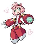  1girl amy_rose animal_ears animal_nose arm_cannon bike_shorts blush breasts commentary crossover english_commentary full_body furry furry_female fusion gameoverse goggles goggles_on_head green_eyes heart highres kiioki11 kit_bodega open_mouth pink_hair red_shirt shirt short_hair simple_background small_breasts snout solo sonic_(series) teeth twitter_username two-tone_shirt upper_teeth_only weapon white_background white_shirt 