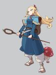  1girl ambrosia_(dungeon_meshi) asutoro_(s--t) backpack bag belt belt_pouch blonde_hair blue_capelet blue_robe book_holster braid brown_belt capelet choker commentary dungeon_meshi elf green_eyes grey_background highres holding holding_staff hood hooded_capelet long_hair marcille_donato pants pointy_ears pouch puffy_pants red_choker red_ribbon ribbon robe sandals signature sleeping_bag smile staff twin_braids walking_mushroom_(dungeon_meshi) white_pants wide_sleeves 