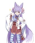  1girl absurdres ahoge animal_ears blue_eyes choon_sik2 commentary_request cone_hair_bun double_bun fang fluffy_tail fox_ears fox_girl fox_tail hair_bun hair_ornament hair_rings heterochromia highres korean_commentary kosode long_hair looking_at_viewer open_mouth pom_pom_(clothes) pom_pom_hair_ornament purple_hair purple_tail shirt simple_background smile socks_over_thighhighs solo stellive tail tenko_shibuki two-tone_tail very_long_hair virtual_youtuber white_background yellow_eyes 