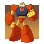  1boy armor blue_eyes border brown_background chest_jewel clenched_hands commentary english_commentary forehead_jewel full_body gloves guts_man helmet highres humanoid_robot looking_at_viewer mega_man_(classic) mega_man_(series) mega_man_1 outside_border red_armor robot robot_ears shoulder_armor solo standing toastiepumpkin two-tone_background white_border yellow_gloves yellow_helmet 