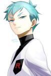  1boy aqua_eyes aqua_hair archer_(pokemon) black_shirt commentary_request delta_nonbiri from_side half-closed_eyes jacket logo looking_at_viewer male_focus pokemon pokemon_heartgold_and_soulsilver shirt short_hair simple_background smile solo team_rocket team_rocket_uniform twitter_username upper_body white_background white_jacket 