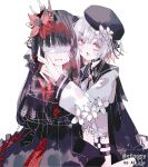  2girls artist_name beret black_capelet black_choker black_coat black_hair black_hat black_shirt black_skirt blindfold bound capelet choker coat collared_coat collared_shirt crown fang flower flower-trimmed_shorts flower-trimmed_sleeves foopy gradient_hair hair_flower hair_ornament hat hat_flower hat_ribbon highres hug layered_skirt long_hair long_skirt long_sleeves looking_at_viewer mahou_shoujo_no_majo_saiban multicolored_hair multiple_girls neck_ribbon necktie nikaido_hiro o-ring o-ring_thigh_strap pink_eyes pink_hair pleated_capelet puffy_sleeves red_necktie red_skirt ribbon sakuraba_ema shirt short_hair side_capelet signature simple_background skirt thigh_strap tied_up_(nonsexual) watermark white_background white_hair white_ribbon white_shirt white_sleeves x_hair_ornament yuri 