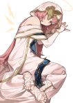  1girl absurdres ambience_synesthesia arknights bandages bare_shoulders barefoot closed_mouth commentary detached_wings dress feet full_body halo highres jia_ma lemuen_(arknights) lemuen_(requiem_vesperis)_(arknights) long_hair looking_at_viewer official_alternate_costume one_eye_covered pink_eyes pink_hair simple_background sleeves_past_wrists solo toes traditional_halo white_background white_dress wings yellow_halo 