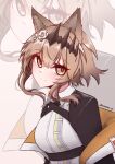  1girl absurdres animal_ears arknights black_dress black_tiara blush breasts brown_eyes brown_hair cat_ears cat_girl chest_strap commentary_request cross_tie crossed_bangs diamond-shaped_pupils diamond_(shape) dress flower hair_between_eyes hair_flower hair_ornament highres jacket jacket_partially_removed keekee22 large_breasts leaning_forward looking_at_viewer medium_hair off_shoulder orange_jacket red_pupils smile solo symbol-shaped_pupils tiara twitter_username underbust vendela_(arknights) white_background white_dress zoom_layer 