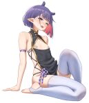  1girl alternate_costume arm_strap bandaid bandaids_on_nipples black_dress blue_eyes blush colored_inner_hair dress flat_chest gold_trim highres hololive hololive_english knee_up looking_at_viewer mole mole_on_armpit mole_under_eye multicolored_hair ninomae_ina'nis no_shoes open_mouth pasties pink_hair pointy_ears purple_hair samukzz short_hair sideless_dress simple_background sitting sleeveless sleeveless_dress solo stirrup_legwear sweat thighhighs toeless_legwear virtual_youtuber white_background white_thighhighs 
