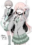  ... 2girls absurdres bang_dream! bang_dream!_it's_mygo!!!!! chihaya_anon closed_eyes collared_shirt commentary_request electric_guitar fang green_necktie green_skirt green_socks grey_hair grey_jacket guitar haneoka_school_uniform highres holding holding_guitar holding_instrument holding_microphone index_finger_raised instrument jacket long_hair microphone multiple_girls necktie open_mouth pink_eyes pink_hair plaid_clothes plaid_skirt pleated_skirt school_uniform shirt simple_background skirt smile socks spoken_ellipsis suudori takamatsu_tomori white_background white_shirt 