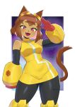  1girl :d animal_ears black_pants breasts brown_hair cat_ears cat_girl cat_tail commentary fang gameoverse gloves goggles goggles_on_head highres junii-owl kit_bodega looking_at_viewer medium_breasts mosaic_background open_mouth pants purple_background red_eyes red_gloves salute shirt short_hair sleeveless sleeveless_shirt smile solo standing tail twitter_username two-tone_background white_background yellow_shirt 