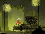  1girl alicezakat arthropod_girl black_eyes black_skin bug cloak colored_skin commentary firefly full_body green_water holding hollow_eyes hollow_knight hollow_knight:_silksong horned_mask hornet_(hollow_knight) horns lamppost leech looking_up mask needle_(hollow_knight) plant red_cloak vines weapon wetland white_mask 