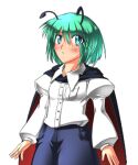  1girl 3peso :< antennae black_cape blue_eyes blue_shorts blush breast_pocket cape collared_shirt cowboy_shot game_asset green_hair labyrinth_of_touhou labyrinth_of_touhou_(series) long_sleeves lowres non-web_source pocket red_cape self-datamine shirt shirt_tucked_in short_hair shorts solo touhou transparent_background two-sided_cape two-sided_fabric white_shirt wriggle_nightbug 