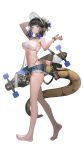  1girl absurdres alternate_costume arknights arm_up bare_arms bare_legs bare_shoulders barefoot bikini bikini_bottom_under_shorts bikini_under_clothes black_hair blue_eyes blunt_bangs bracelet breasts chinese_commentary commentary_request cutoffs denim denim_shorts eunectes_(arknights) feet from_side full_body hair_tie hand_up hat highres jewelry large_breasts liduke looking_at_viewer micro_shorts multiple_bracelets nail_polish navel pointy_ears short_hair shorts side-tie_bikini_bottom simple_background skateboard skindentation snake_girl snake_tail solo standing stomach swimsuit tail tan tanlines third-party_source toenail_polish toenails toes tying_hair underboob visor_cap waifu2x white_background 