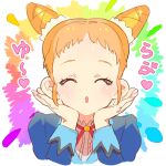  1girl ^_^ aikatsu! aikatsu!_(series) arisugawa_otome blue_jacket catchphrase closed_eyes commentary_request cone_hair_bun double_bun facing_viewer hair_bun hands_up jacket long_sleeves lowres moudoku_(decopon3rd) neck_ribbon orange_hair red_ribbon ribbon school_uniform shirt short_hair solo starlight_academy_school_uniform upper_body white_shirt winter_uniform 