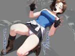 1girl absurdres black_gloves black_skirt blue_eyes blue_tube_top blush boots breasts brown_boots brown_hair cameltoe clothes_around_waist commentary_request commission fingerless_gloves gloves highres jill_valentine lying medium_breasts miniskirt on_back panties pixiv_commission resident_evil resident_evil_3:_nemesis sho2 skirt strapless sweater sweater_around_waist tentacle_in_mouth tentacle_sex tentacles translation_request trembling tube_top underwear variant_set white_panties 