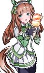  1girl animal_ears black_bow black_gloves black_pantyhose blunt_bangs blush bow commentary_request ear_covers gloves green_eyes green_sailor_collar green_sleeves hairband highres hime_cut holding holding_ice_cream_cone horse_ears horse_girl horse_tail ice_cream_cone kikkasoon long_hair long_sleeves looking_at_viewer open_mouth orange_hair orange_tail pantyhose pleated_skirt sailor_collar silence_suzuka_(innocent_silence)_(umamusume) silence_suzuka_(umamusume) simple_background skirt smile solo tail umamusume white_background white_hairband white_skirt 