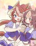  2girls animal_ears blue_eyes blush bow bowtie breasts brown_eyes brown_hair collarbone commentary_request cup disposable_cup drinking_straw drinking_straw_in_mouth ear_scrunchie hair_between_eyes heart holding holding_cup honkawa_works horse_ears horse_girl horse_tail long_hair low_twintails medium_breasts multicolored_hair multiple_girls one_eye_closed open_mouth pleated_skirt ponytail puffy_short_sleeves puffy_sleeves purple_bow purple_bowtie purple_shirt red_scrunchie sailor_collar sailor_shirt school_uniform scrunchie shirt short_sleeves skirt smile streaked_hair tail tokai_teio_(umamusume) tracen_school_uniform twintails two-tone_hair umamusume white_hair white_sailor_collar white_skirt yamanin_zephyr_(umamusume) 