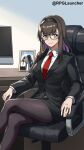  1girl alternate_costume arknights artist_name bespectacled black_hairband black_jacket black_pantyhose blazer bright_pupils brown_hair buttons chair chinese_commentary closed_mouth collared_shirt colored_inner_hair commentary_request crossed_legs doctor_(arknights) glasses hairband highres jacket jewelry lapels long_hair long_sleeves monitor multicolored_hair necktie office_lady on_chair pantyhose picture_frame pink_eyes pink_hair priestess_(arknights) rectangular_eyewear red_necktie ring rpglauncher1157886717 shirt smile solo split_mouth swivel_chair watermark white_pupils white_shirt yellow-framed_eyewear 