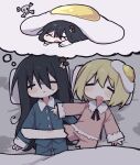  2girls :< black_hair black_ribbon blanket blonde_hair blue_shirt blue_shorts buttons closed_eyes collared_shirt contrast_collar dreaming drooling food food_on_head fried_egg highres long_hair medium_hair mouth_drool multiple_girls mushroom_on_head neck_ribbon object_on_head pajamas pillow pink_shirt pink_shorts ribbon shimeji_simulation shirt shorts skull_and_crossbones sleeping tsukishima_shijima x_x yamashita_majime yeolomang 