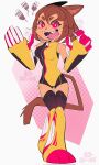  1girl :q animal_ears artist_name black_shirt breasts brown_hair cat_ears cat_girl cat_tail commentary full_body furry furry_female gameoverse highres kit_bodega looking_at_viewer medium_breasts open_mouth red_eyes sd_annii shirt short_hair solo standing tail thick_eyebrows tongue tongue_out two-tone_shirt yellow_shirt 