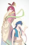  1boy 1girl absurdres aladdin_(magi) bare_arms blue_eyes blue_hair bow-shaped_hair braid bug butterfly chest_sarashi chinese_commentary closed_mouth collarbone commentary_request cowboy_shot feet_out_of_frame feixianji_(hairstyle) flute frilled_sleeves frills gold_hair_tie gootai hair_ornament hair_rings hair_stick hand_up highres instrument long_hair looking_at_animal looking_at_viewer magi_the_labyrinth_of_magic pink_eyes pink_hair ren_kougyoku sarashi simple_background sleeveless white_background wide_sleeves yellow_butterfly 