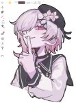  1girl arki_hrzoi art_program_in_frame beret black_choker black_coat black_hat choker coat collared_coat commentary_request finger_to_mouth flower gradient_hair hair_flower hair_ornament hat hat_flower hat_ribbon highres long_sleeves mahou_shoujo_no_majo_saiban multicolored_hair neck_ribbon pink_eyes pink_hair puffy_sleeves ribbon sakuraba_ema shirt short_hair shushing simple_background smile solo white_background white_hair white_ribbon white_shirt white_sleeves x_hair_ornament 