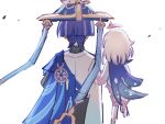  1boy 1girl 8bm9r black_bridal_gauntlets blue_cape blue_hat blunt_ends boots bridal_gauntlets cape flower_ornament flying from_behind full_body genshin_impact halo hat highres jingasa long_sleeves mechanical_halo paimon_(genshin_impact) pink_halo puffy_long_sleeves puffy_sleeves purple_hair romper scaramouche_(genshin_impact) shirt short_hair short_sleeves simple_background upper_body wanderer_(genshin_impact) white_background white_boots white_hair white_romper white_shirt 