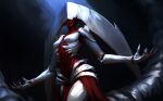  1girl baddelz breasts closed_mouth colored_skin commentary covered_eyes elesh_norn english_commentary headpiece highres magic:_the_gathering medium_breasts monster_girl red_skin solo tagme 