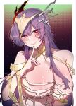  1girl absurdres bare_shoulders blush breasts cleavage commentary facial_mark fate/grand_order fate_(series) headpiece highres horns index_finger_raised kaoneawmoon large_breasts long_hair looking_at_viewer purple_hair red_eyes ribbon smile solo urd_(fate) very_long_hair 