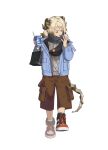  >_< 0re1era_tsr 1girl ankle_boots aran_sweater arknights bag blonde_hair blue_jacket boots brown_horns brown_pants cable_knit chinese_commentary closed_eyes closed_mouth commentary_request cup disposable_cup drink drinking_straw fingernails full_body grey_sweater highres holding holding_drink horns ifrit_(arknights) jacket long_sleeves open_clothes open_jacket pants short_hair simple_background solo standing sweater tail tongue tongue_out white_background 