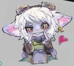  1girl colored_skin commentary_request earrings fewer_digits forced_smile gloves goggles goggles_on_head heart jewelry korean_commentary large_ears league_of_legends looking_at_viewer niami pink_skin pointy_ears purple_skin short_hair single_earring smile solo tristana_(league_of_legends) white_hair yellow_eyes yordle 