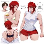  1boy 1girl aizawa_tomo bare_shoulders bikini black_sports_bra breasts brown_hair cleavage collarbone commentary cropped_head cropped_legs cropped_torso english_commentary green_bikini gym_uniform hair_between_eyes highres holding holding_ice_cream_cone ice_cream_cone kubota_junichirou licking_lips licking_own_arm multiple_views muscular muscular_female n10_arts red_eyes red_hair red_shorts shiny_skin shirt short_hair shorts sleeves_rolled_up sports_bra striped_bikini striped_clothes swimsuit tomo-chan_wa_onna_no_ko tongue tongue_out undressing white_background white_shirt 