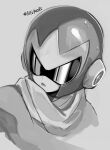 1boy android assault_visor bodysuit commentary crack english_commentary grey_background grey_bodysuit greyscale helmet highres male_focus mega_man_(classic) mega_man_(series) monochrome open_mouth portrait proto_man scarf simple_background solo srnhuyuno sunglasses twitter_username 