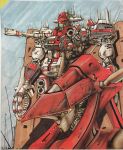  bismarck_(sei_juushi_bismarck) cannon commentary_request exposed_internal_machinery flag highres joints maintenance mecha mecha_focus moriki_yasuhiro no_humans orange_eyes original redesign robot robot_joints sei_juushi_bismarck shoulder_cannon standing traditional_media 