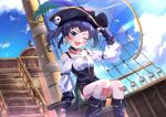  1girl bird black_boots black_gloves blue_sky blush boots cloud cloudy_sky commentary_request fingerless_gloves gloves gold_trim hat hat_feather hat_ornament itou_momiji jewelry kakoimaru looking_at_viewer necklace off-shoulder_shirt off_shoulder one_eye_closed open_mouth outdoors pirate_hat pirate_ship purple_eyes purple_hair shine_post shirt sitting skull_hat_ornament sky smile solo twintails 