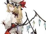  1girl alternate_costume back back_bow blonde_hair bow chinese_commentary closed_mouth commentary_request crystal crystal_wings dress flandre_scarlet from_behind hat hat_ribbon highres long_hair long_sleeves looking_at_viewer looking_back mob_cap multicolored_wings one_side_up pointy_ears red_dress red_eyes red_nails red_ribbon ribbon shrug_(clothing) simple_background solo touhou white_background white_bow white_hat white_shrug wings yellllll 