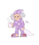  1boy blue_eyes cleft_chin cup dr._wily_(mega_man) facial_hair grey_hair half-closed_eyes hat highres holding holding_cup holding_pillow long_hair male_focus mega_man_(classic) mega_man_(series) mustache nightcap old old_man pajamas pants pillow purple_pajamas purple_slippers shirt skull slippers solo srnhuyuno white_background 