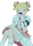  1girl blonde_hair boku_no_hero_academia bow character_doll commentary cosplay crying doll dress gloves green_hair hair_bow hands_up highres kaname_madoka kaname_madoka_(cosplay) kaname_madoka_(magical_girl) magical_girl mahou_shoujo_madoka_magica mahou_shoujo_madoka_magica_(anime) midoriya_izuku myoswu petticoat pink_bow pink_dress simple_background socks solo toga_himiko twintails uraraka_ochaco w_arms white_background white_gloves white_socks yellow_eyes 