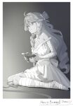  1girl absurdres ahoge bandaged_arm bandaged_foot bandaged_leg bandaged_neck bandages breasts canon_event cleavage commentary controller crying crying_with_eyes_open curly_hair denia_(wuthering_waves) dress english_commentary feet greyscale highres holding holding_controller monochrome on_floor screen_light sitting streaming_tears tears wariza white_dress wuthering_waves yao_(yaocccc98) 