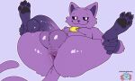  5:3 anthro anus axolaugh backsack balls big_butt black_eyes bodily_fluids butt catnap_(poppy_playtime) domestic_cat felid feline felis fur genital_fluids genitals glistening glistening_butt hi_res humanoid_genitalia humanoid_penis legs_up lying male mammal mob_entertainment on_back paws penis poppy_playtime precum presenting presenting_anus pupils purple_body purple_fur smiling_critters solo tagme tail thick_thighs white_pupils 