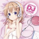  1girl album_cover bare_shoulders brown_hair camisole collarbone copyright_name cover gochuumon_wa_usagi_desu_ka? hair_ornament hairclip hand_on_own_chest headphones hoto_cocoa looking_at_viewer lying official_art on_back orange_hair purple_eyes short_hair smile solo upper_body white_camisole 