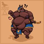 1:1 anthro anubis barkitect belly big_belly border bottomwear brown_body brown_fur canid canine canis clothing dagger deity egyptian_mythology fur headdress jackal loincloth male mammal melee_weapon middle_eastern_mythology moobs mythology nipples obese obese_male orange_border overweight overweight_male solo weapon