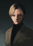  1boy black_shirt blonde_hair blue_eyes closed_mouth commentary curtained_hair empty_eyes english_commentary grey_jacket jacket johan_liebert lapels lightningstrikes male_focus monster_(manga) notched_lapels shirt solo turtleneck watermark 
