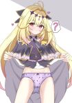  1girl ? ades_clus antenna_hair black_capelet blonde_hair blush bow bow_panties braid brooch capelet clothes_lift commentary_request crossed_bangs cure_arcana_shadow diamond_hairband food_print frilled_capelet frills grey_background grey_bow grey_necktie hair_between_eyes hair_bow hair_intakes half_up_braid heart heart-shaped_pupils heart_brooch highres ice_cream_print jewelry lifting_own_clothes long_hair looking_at_viewer magical_girl meitantei_precure! moria_luluka necktie panties precure print_panties purple_capelet purple_eyes purple_panties purple_shirt shirt simple_background skirt skirt_lift solo spoken_question_mark straight_hair symbol-shaped_pupils underwear upper_body white_skirt 