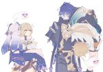  2boys 2girls =_= arm_around_neck armband armor back_tattoo blonde_hair blue_hair blush carrying carrying_over_shoulder citlali_(genshin_impact) closed_mouth coat crossed_bangs dress drunk flins_(genshin_impact) flower gauntlets genshin_impact ghost giving_up_the_ghost gloves hair_between_eyes hair_flower hair_ornament height_difference hug lamp long_hair looking_at_another lumine_(as_heaven_and_earth_are_made_anew)_(genshin_impact) lumine_(genshin_impact) multicolored_hair multiple_boys multiple_girls no_pupils nose_blush official_alternate_costume orange_eyes pink_hair princess_carry ranta000 shoulder_armor side-by-side simple_background single_gauntlet single_glove tall_male tattoo two-tone_hair varka_(genshin_impact) very_long_hair white_background yellow_eyes 
